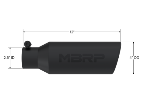 4 Inch OD 2.5 Inch Inlet 12 Inch Length Exhaust Tail Pipe Tip Angled Cut Rolled End Clampless-No Weld Black Coated MBRP