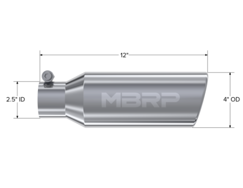 4 Inch OD 2.5 Inch Inlet 12 Inch Length Exhaust Tail Pipe TipAngled Cut Rolled End Clampless-No Weld T304 Stainless Steel MBRP